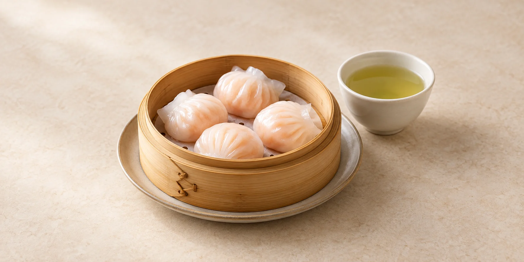 Dumplings de camarón al vapor en una cesta de bambú junto a té verde Dragonwell.