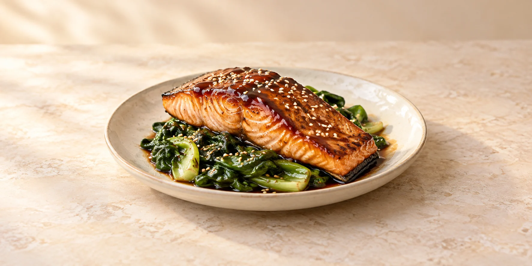 Strawberry Green Tea-Glazed Salmon with Sesame Greens