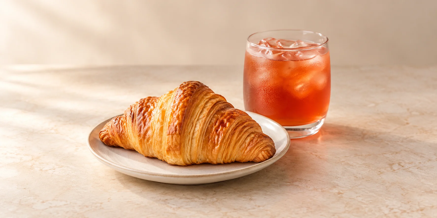 Golden croissant beside a glass of iced strawberry green tea.
