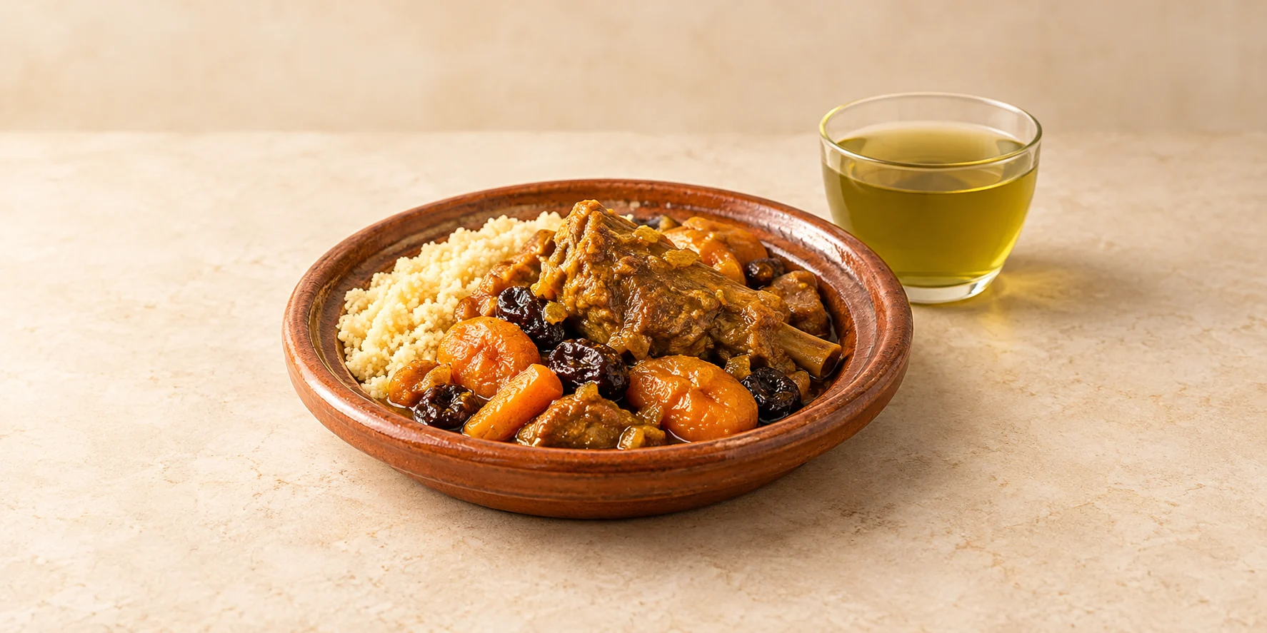 Tayín de carne con cuscús y fruta seca junto a té verde Gunpowder.