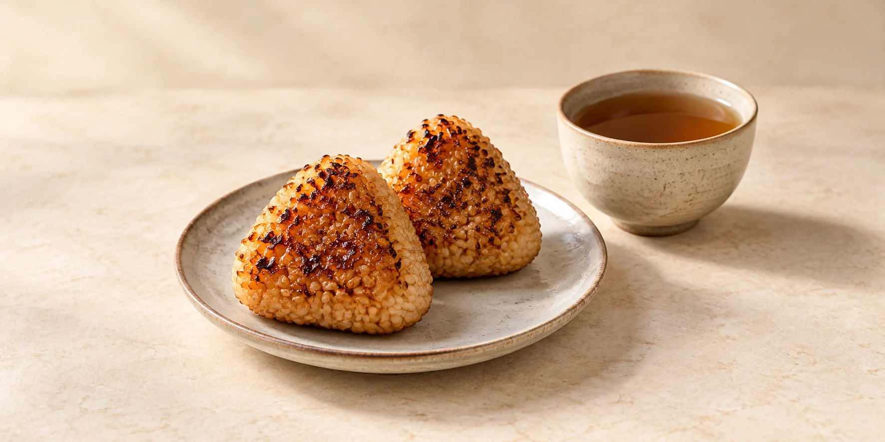Soy-glazed grilled rice balls beside a cup of roasted hojicha tea.