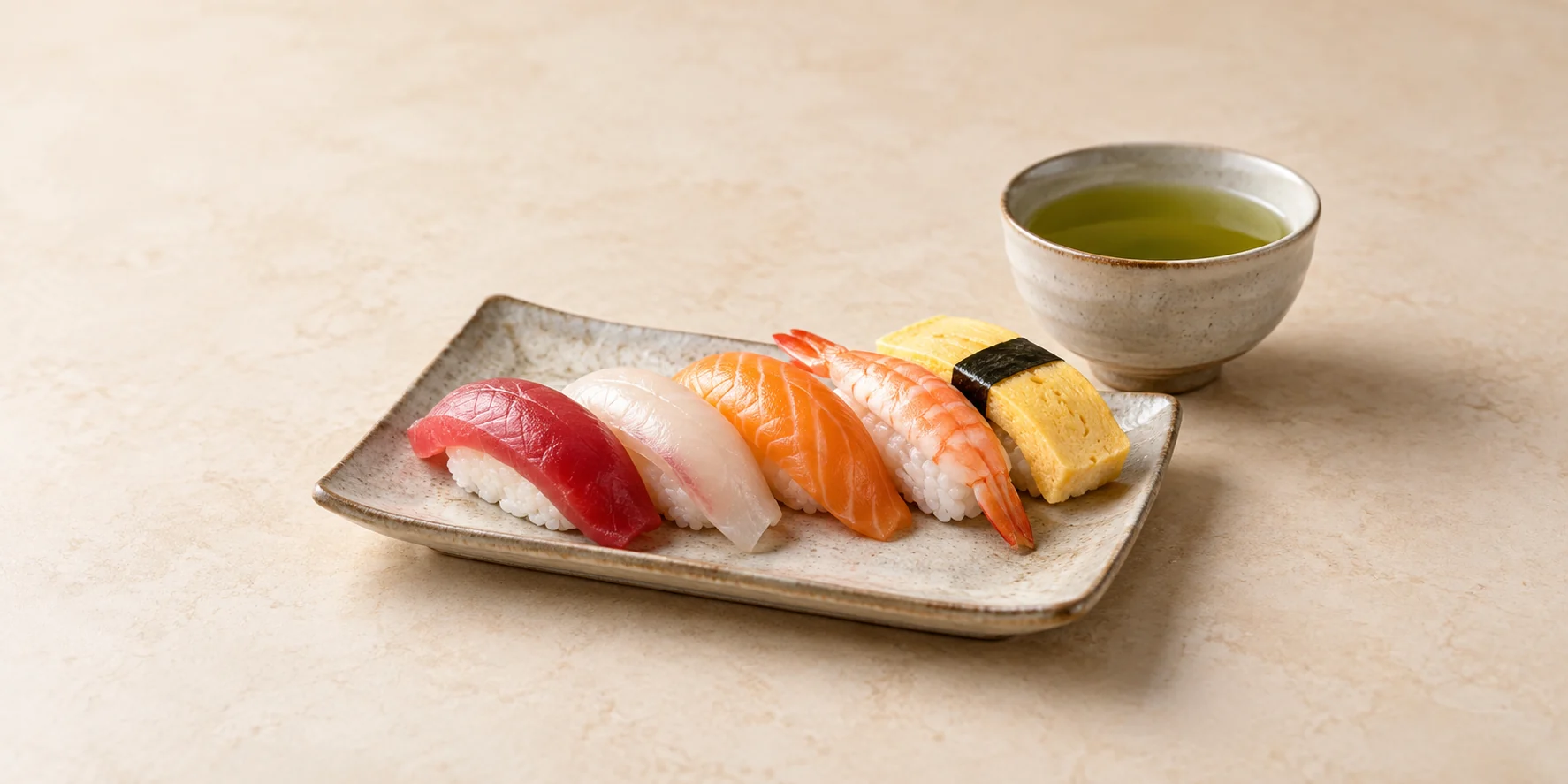 Assorted fish, shrimp and egg nigiri beside Kabusecha green tea.