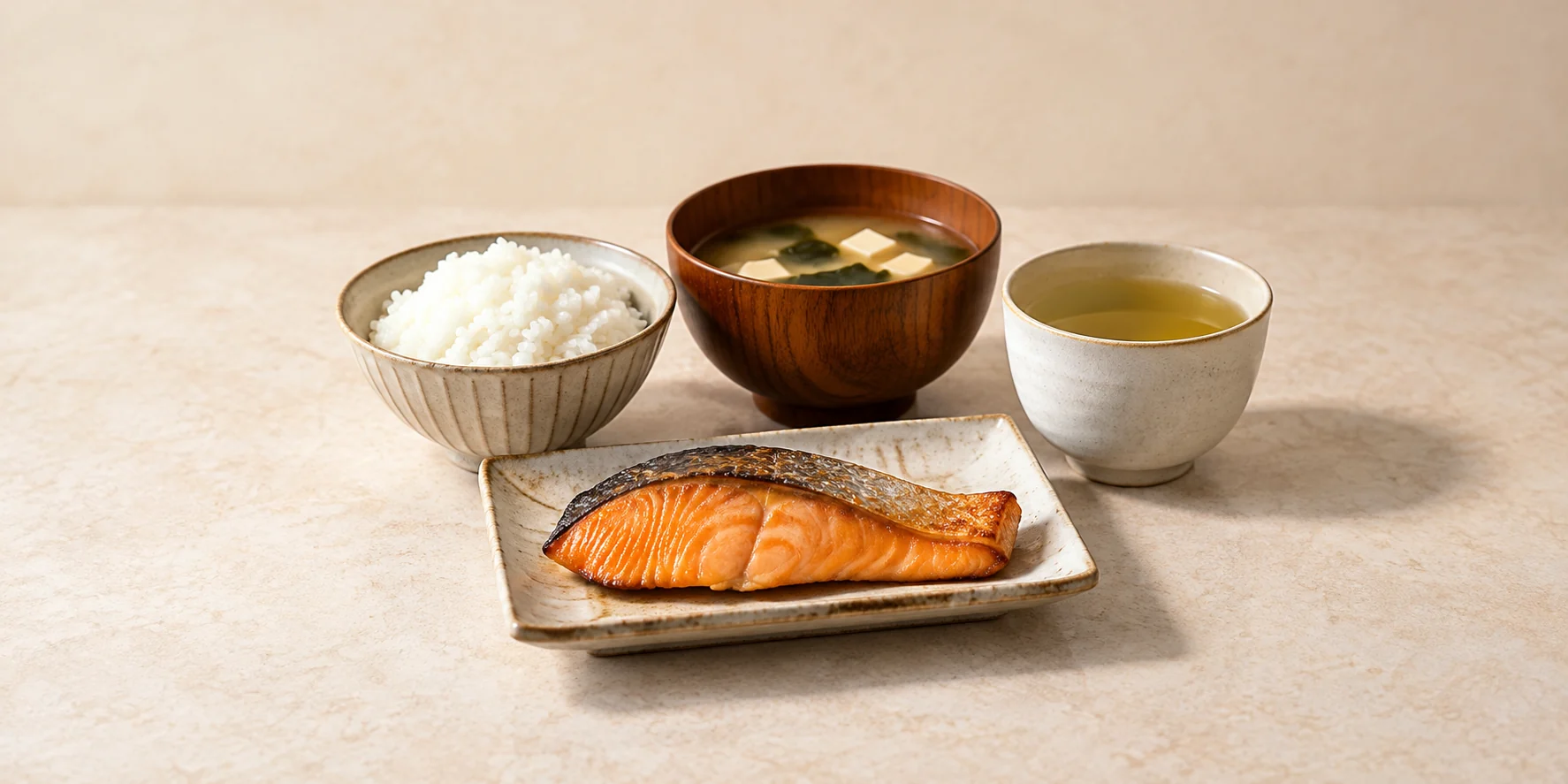 Grilled salmon, steamed rice and miso soup beside Kukicha tea.