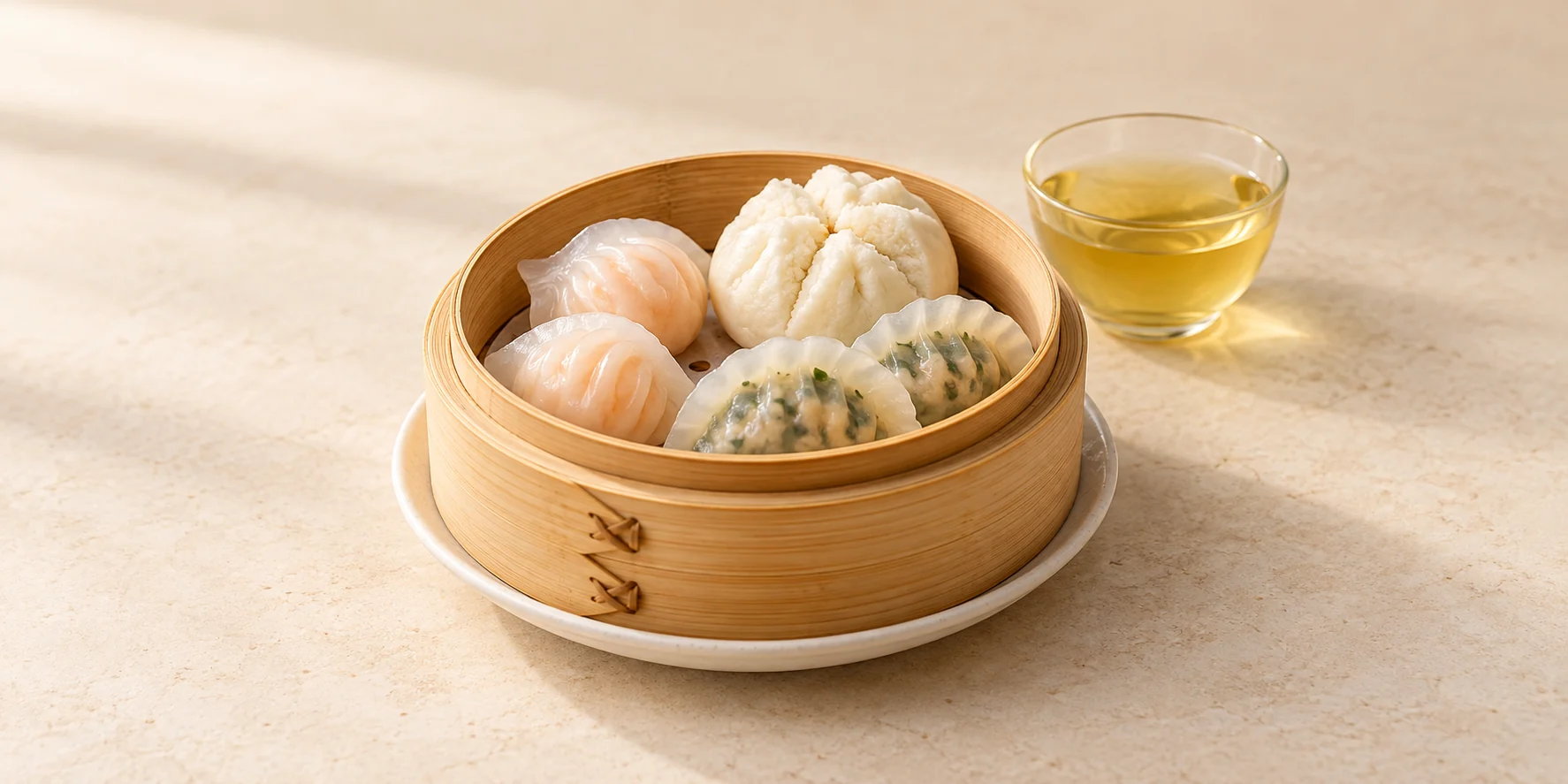 Steamed shrimp and chive dumplings and a steamed bun beside Lu’an Gua Pian tea.