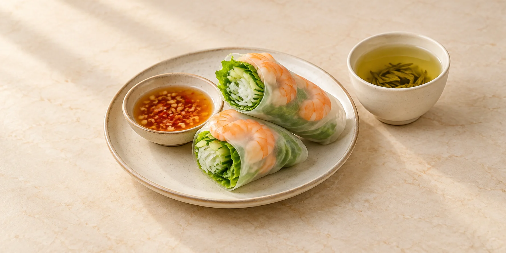 Fresh Vietnamese shrimp spring rolls with dipping sauce beside lotus tea.