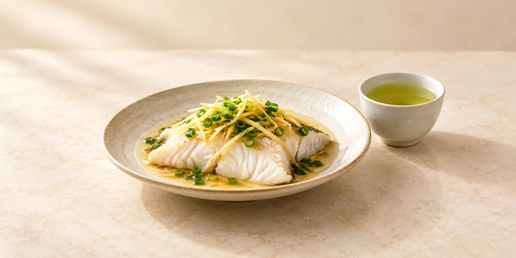 Steamed white fish with ginger and scallion beside Huangshan Mao Feng tea.