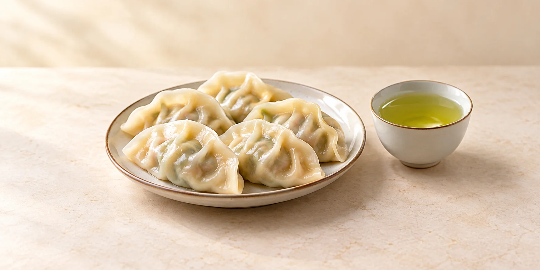 Steamed dumplings beside a cup of Xinyang Mao Jian green tea.