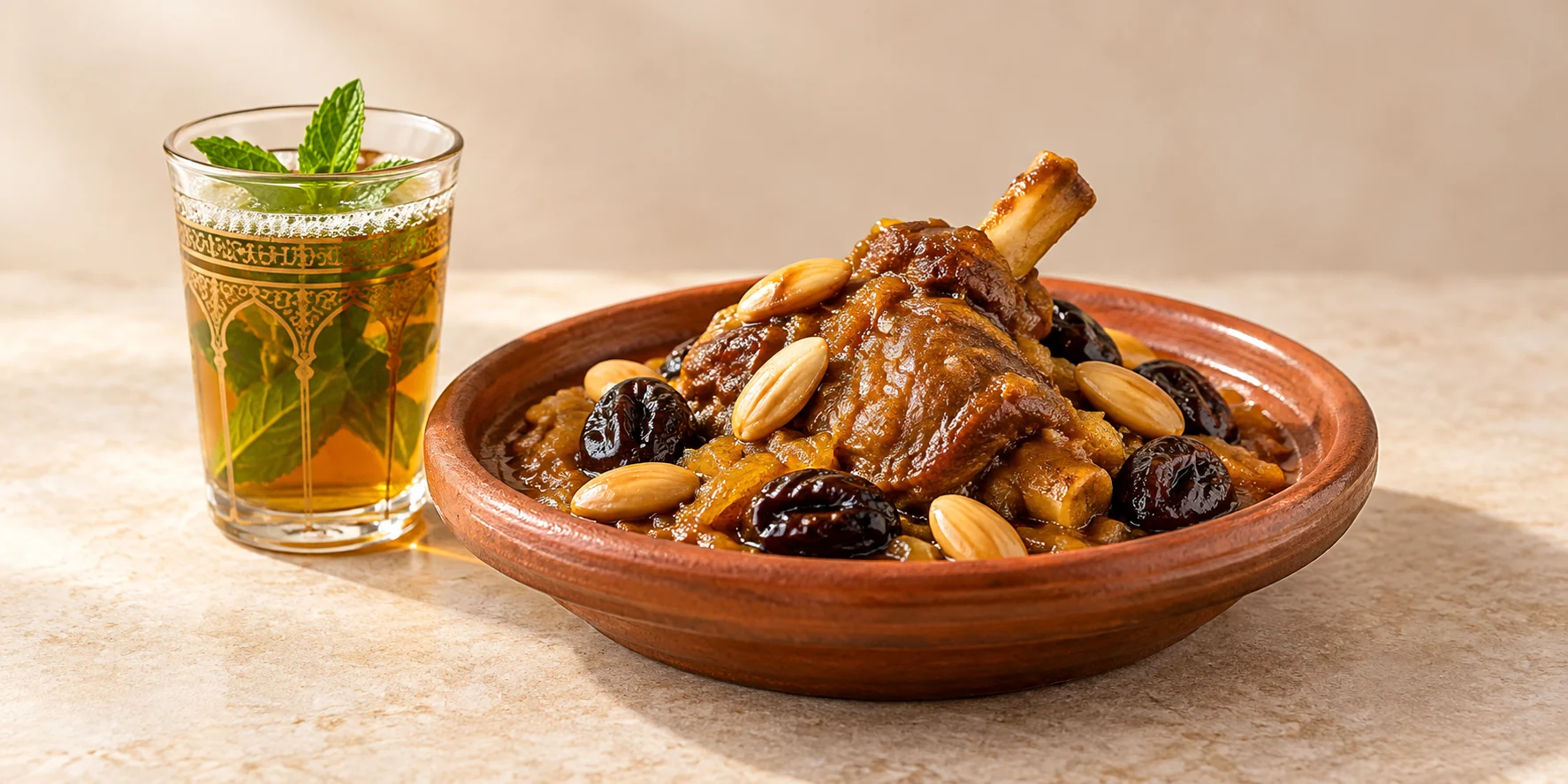 Lamb tagine with prunes and almonds beside Moroccan mint tea.