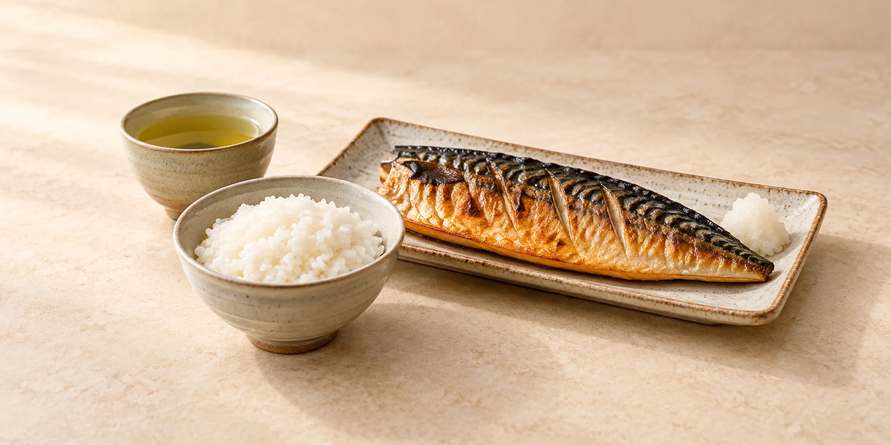 Grilled mackerel with rice beside Korean Nokcha tea.