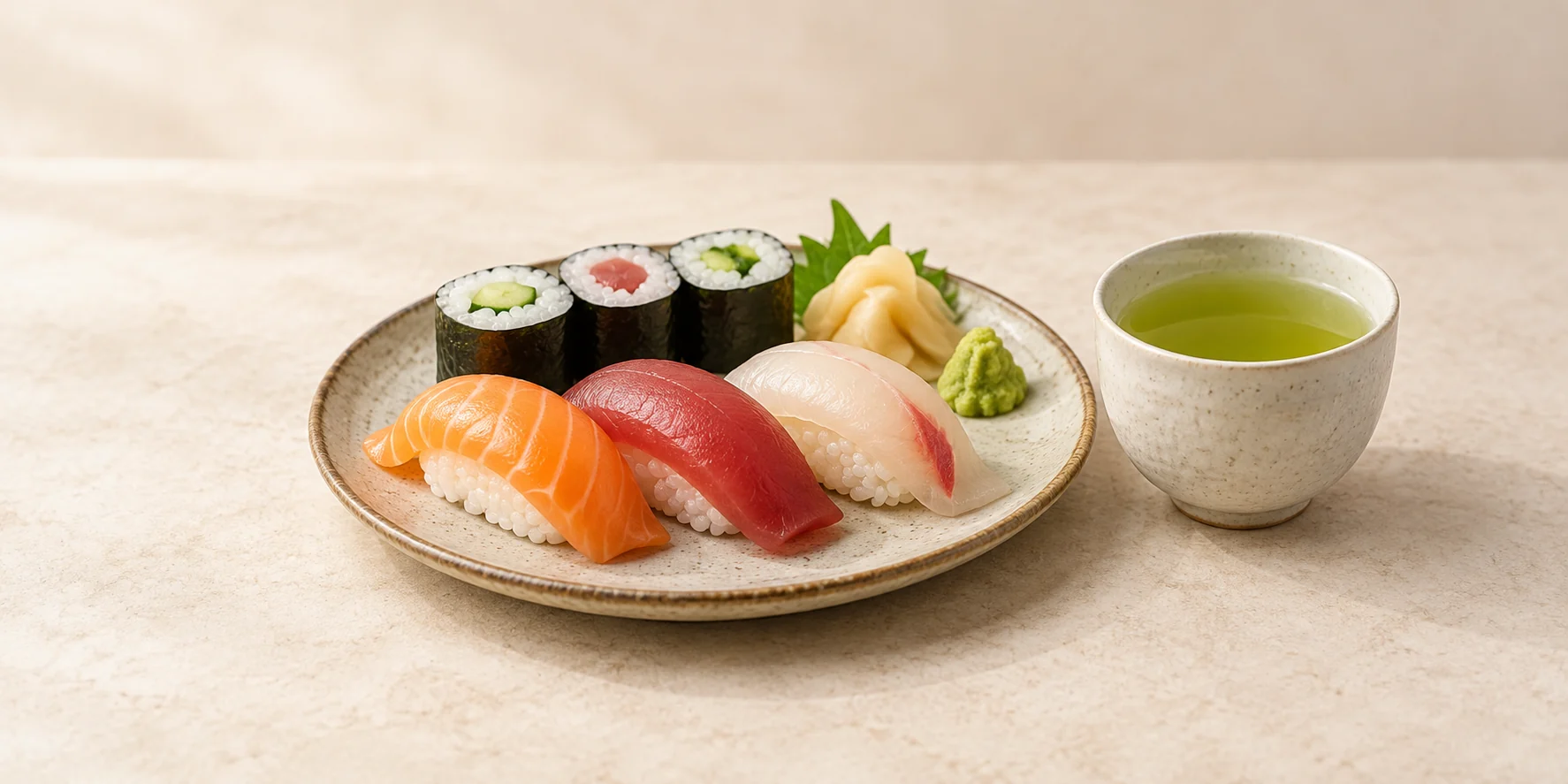 Nigiri and maki sushi with ginger and wasabi beside Sencha green tea.