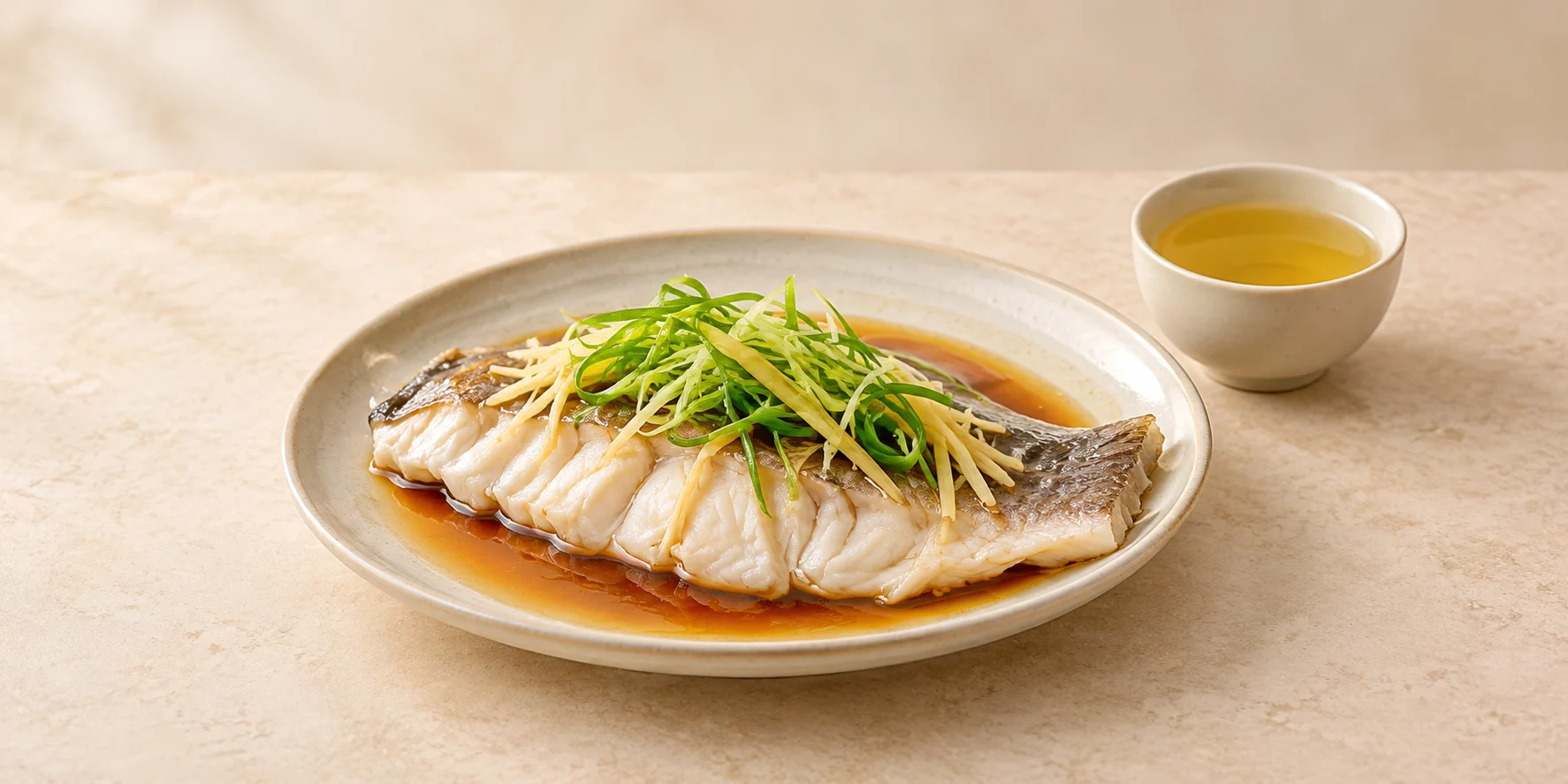 Steamed white fish with ginger and scallion beside Junshan Yinzhen yellow tea.