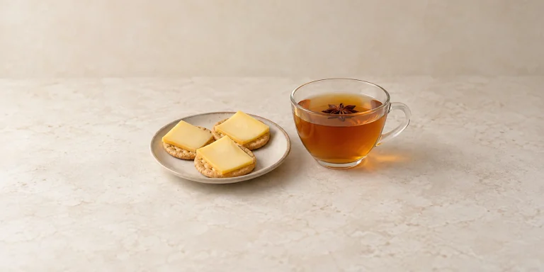 Young Gouda on crackers beside a cup of amber star anise tea.