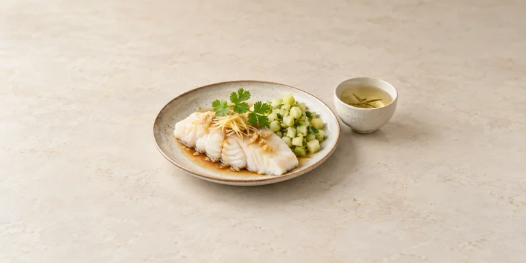 Silver Needle Steamed Sea Bass with Melon Salsa