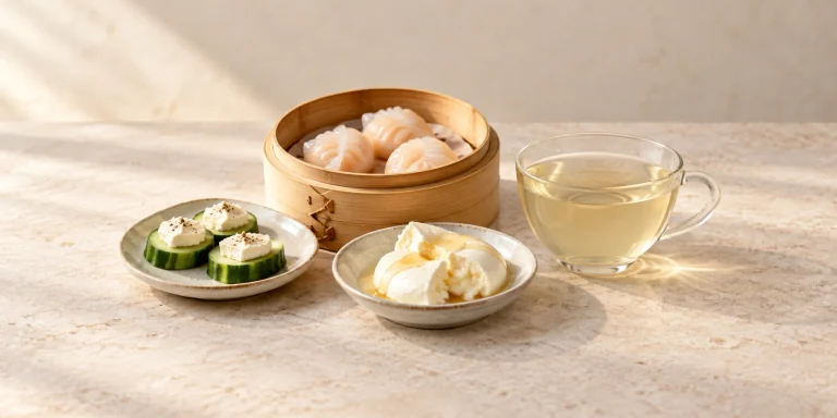 Steamed shrimp dumplings, cucumber rounds with cream cheese and honey-drizzled soft cheese beside pale Silver Needle tea.