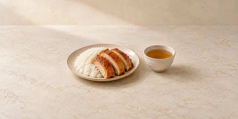 Roast chicken and steamed rice beside a cup of Gong Mei white tea.