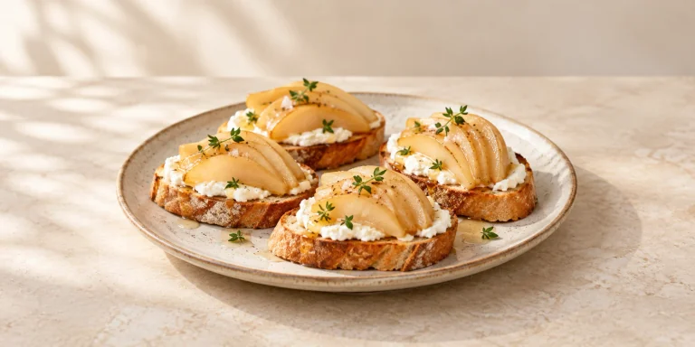 Moonlight White Tea-Poached Pears with Goat Cheese Toasts