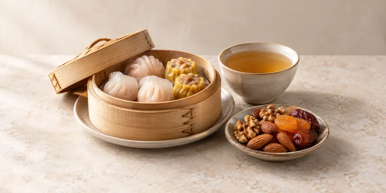 Steamed dim sum, roasted nuts and dried fruit beside amber Shou Mei white tea.