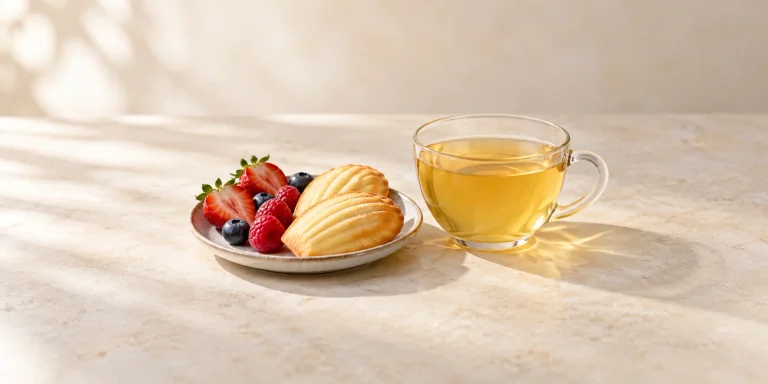 Calm herbal tea beside madeleines and fresh berries