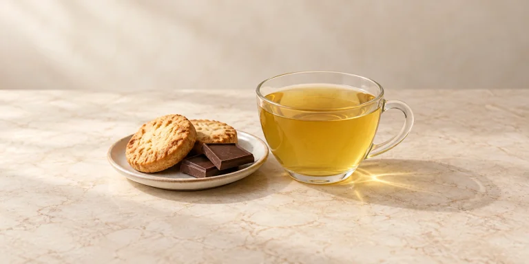 Digestion herbal tea with plain biscuits and dark chocolate