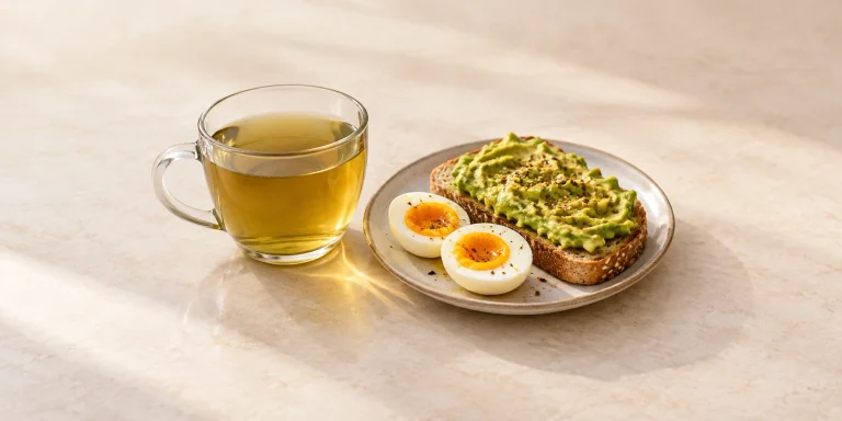 Energy herbal tea with avocado toast and a boiled egg