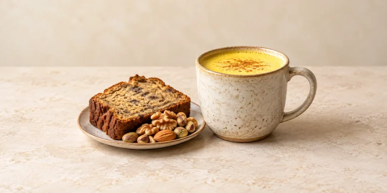 Golden milk beside banana bread and toasted nuts