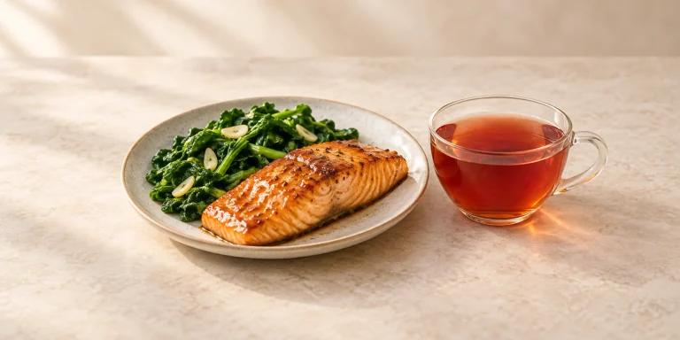 Immunity herbal tea with honey-ginger salmon and garlic greens