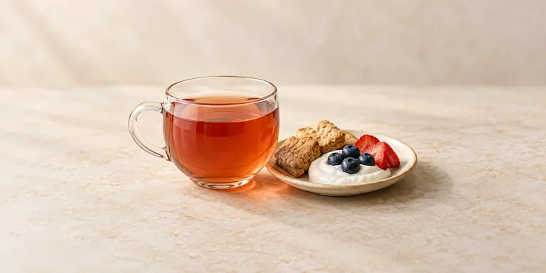 Herbal tea beside oat biscuits and plain yogurt with berries