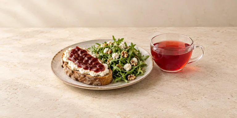 Hibiscus-rosehip tea with ricotta and fig-jam toast and arugula salad