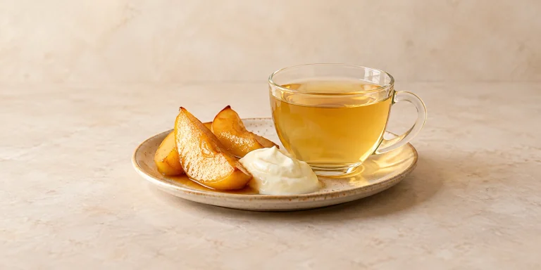 Sleep herbal tea with warm honey-glazed pears and vanilla yogurt