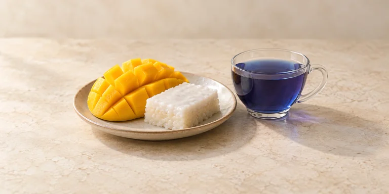 Blue butterfly-pea tea with mango and coconut sticky rice