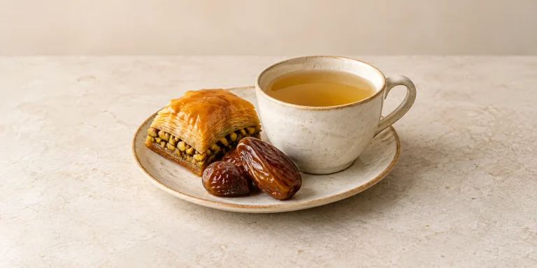 Cardamom tea beside pistachio baklava and dates