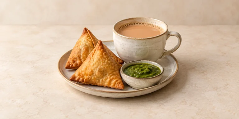 Chai masala con samosas crujientes y chutney verde