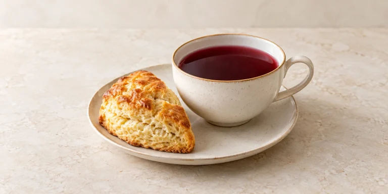 Deep burgundy elderberry tea beside a buttery scone