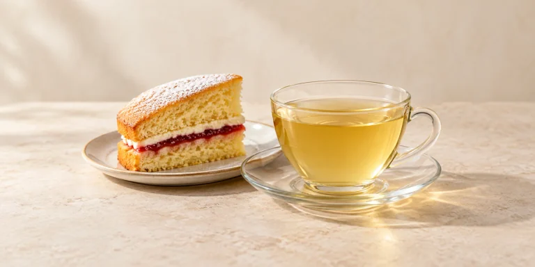 Elderflower tea with a slice of Victoria sponge cake
