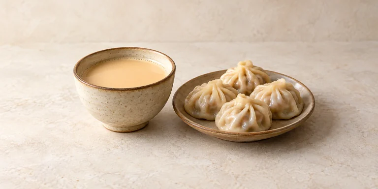 Tibetan butter tea beside steamed meat momos
