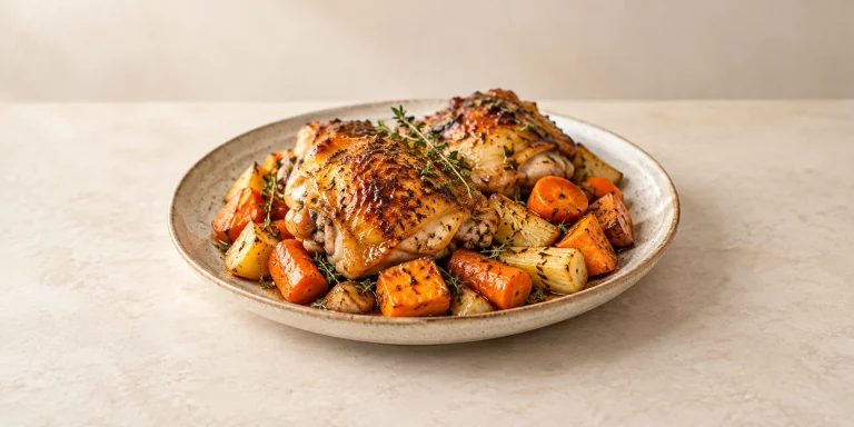 Pollo glaseado con miel de lavanda y verduras asadas