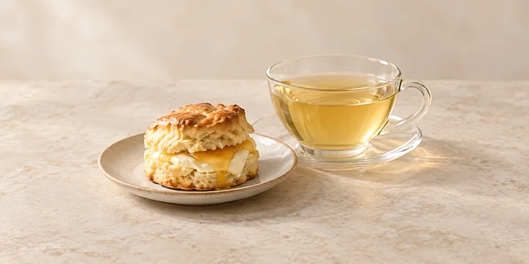 Té de lavanda con un scone, crema espesa y miel