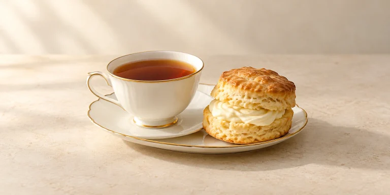 Té Assam con un scone templado y crema espesa