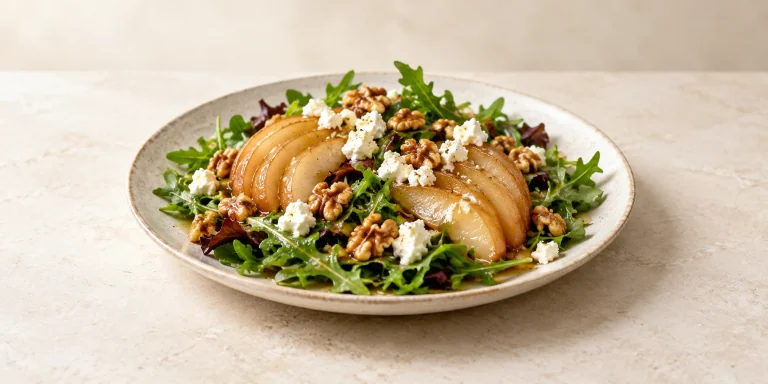 Peras pochadas en Darjeeling con ensalada de queso de cabra