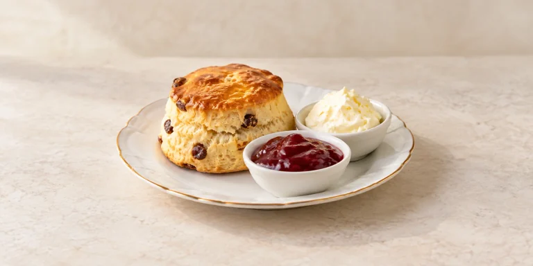 Fruit scone with strawberry jam and clotted cream for English Afternoon tea