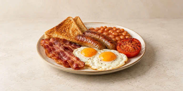 Full English breakfast with bacon, eggs, sausage, beans, toast and grilled tomato