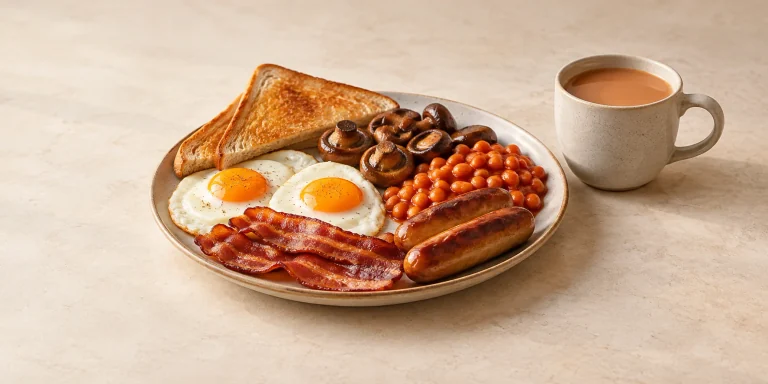 Kenyan milk tea with a hearty breakfast plate