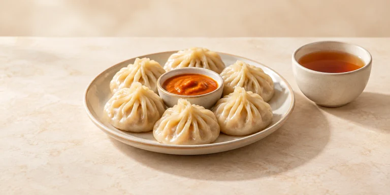 Nepali black tea with steamed momos and dipping sauce