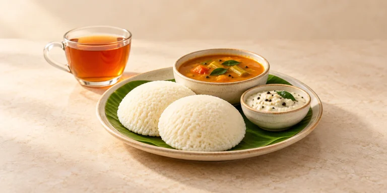 Nilgiri tea with idli, coconut chutney and sambar