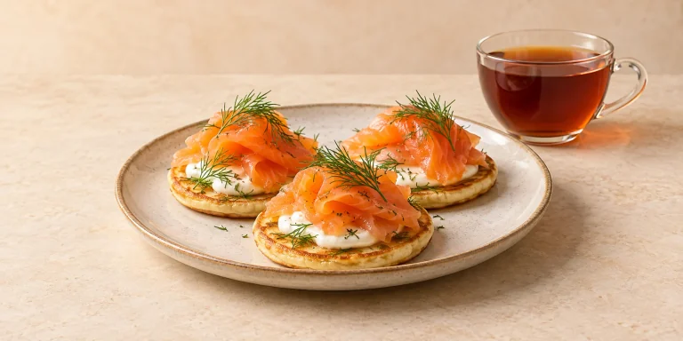 Smoked salmon blini with sour cream and dill beside a cup of amber Russian Caravan tea.