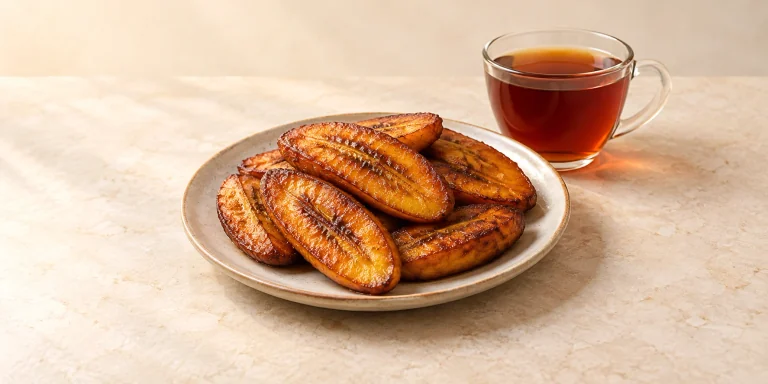 Golden fried plantain slices beside a cup of copper-colored Rwandan black tea.