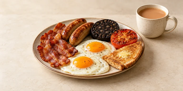 Cooked breakfast with eggs, sausages, bacon, black pudding, tomato and toast beside milky Scottish Breakfast tea.