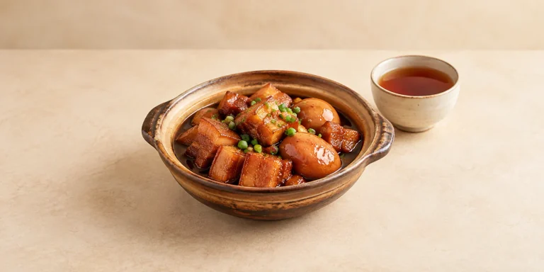 Vietnamese caramel-braised pork and eggs in a clay pot beside Shan Tuyet black tea.