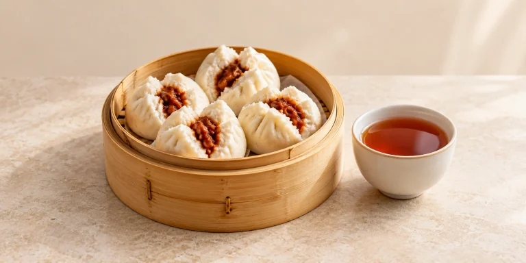 Steamed pork buns in a bamboo basket beside a cup of Yingde Hong black tea.