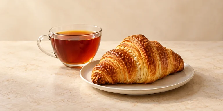 A golden flaky croissant beside a cup of amber Yunnan Dianhong black tea.
